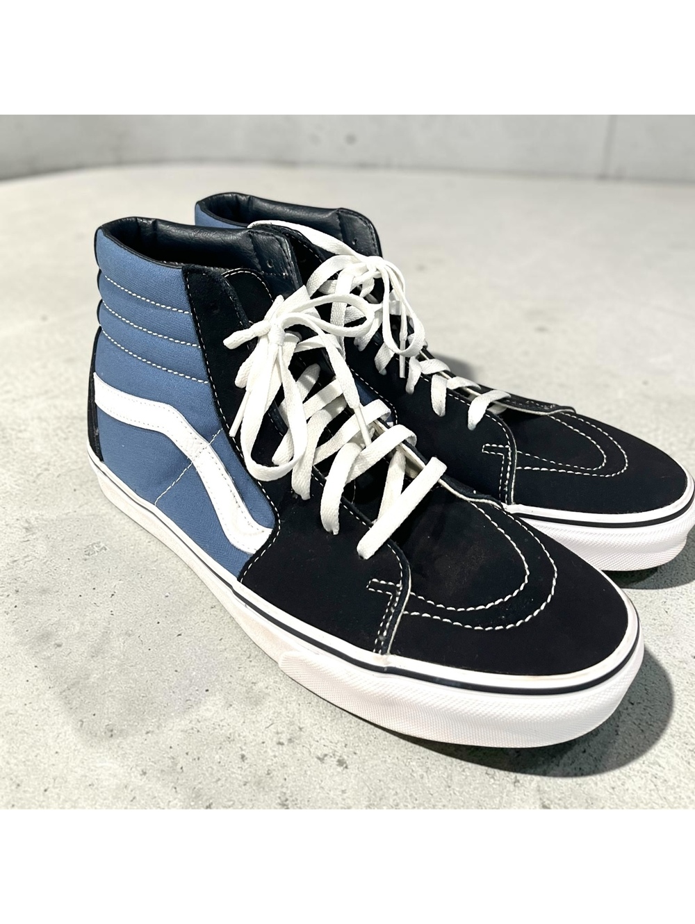 Vans Sk8-Hi Mens 12 Black Blue White Suede Canvas High Top Skate Shoes